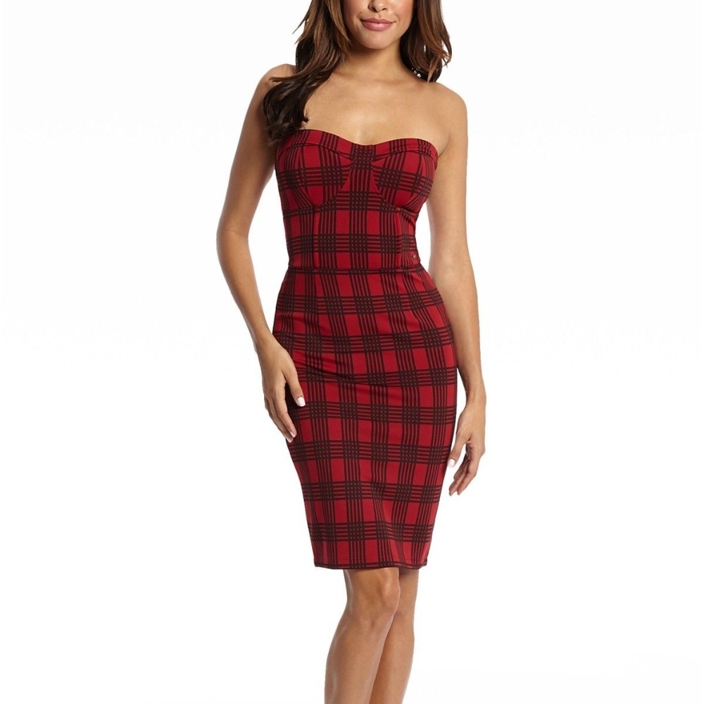 NEW GUESS Valentia Plaid Scuba Strapless Dress S